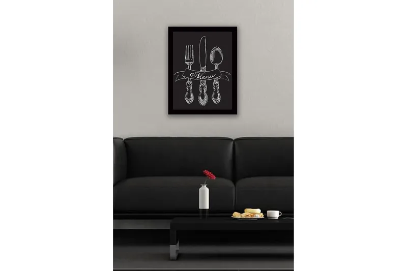 Innrammet trelerretsbilde - 41x56 cm - Stilisert bestikksett med banner som viser ordet Menu - Hvit / Svart - Interiør - Maleri & posters - Lerretsbilder
