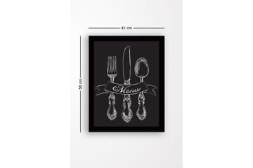 Innrammet trelerretsbilde - 41x56 cm - Stilisert bestikksett med banner som viser ordet Menu - Hvit / Svart - Interiør - Maleri & posters - Lerretsbilder