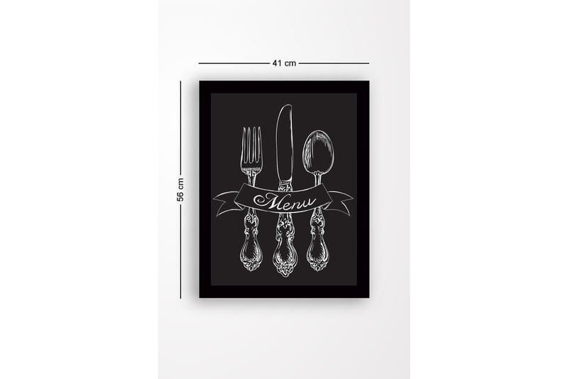 Innrammet trelerretsbilde - 41x56 cm - Stilisert bestikksett med banner som viser ordet Menu - Hvit / Svart - Interiør - Maleri & posters - Lerretsbilder