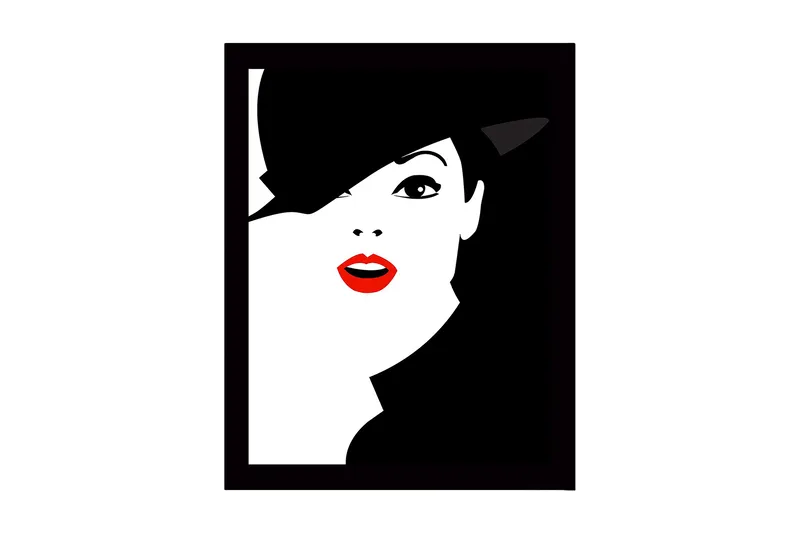 Innrammet trelerretsbilde - 41x56 cm - Stilisert portrett av en kvinne med hatt og rød leppestift, Svart / Hvit / Rød