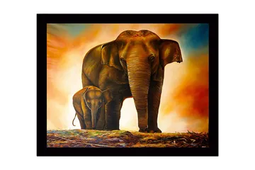 Innrammet trelerretsbilde - 41x56 cm - Storslått elefant med en kalv som står nær moren sin - Brun / Oransje / Beige - Interiør - Maleri & posters - Lerretsbilder