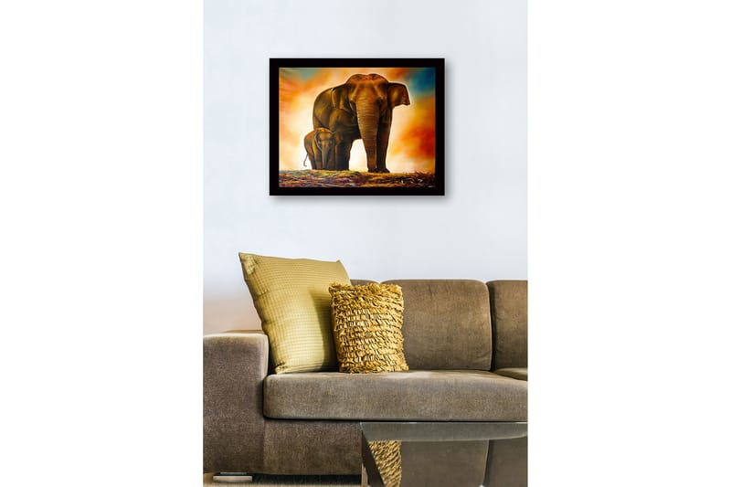 Innrammet trelerretsbilde - 41x56 cm - Storslått elefant med en kalv som står nær moren sin - Brun / Oransje / Beige - Interiør - Maleri & posters - Lerretsbilder