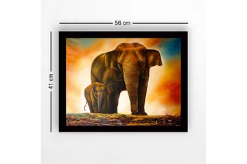Innrammet trelerretsbilde - 41x56 cm - Storslått elefant med en kalv som står nær moren sin - Brun / Oransje / Beige - Interiør - Maleri & posters - Lerretsbilder