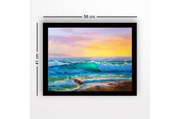 Innrammet trelerretsbilde - 41x56 cm - Storslått havutsikt med bølger som bryter mot kysten - Turkis / Blå / Oransje - Interiør - Maleri & posters - Lerretsbilder