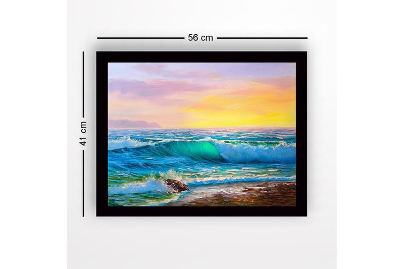 Innrammet trelerretsbilde - 41x56 cm - Storslått havutsikt med bølger som bryter mot kysten - Turkis / Blå / Oransje - Interiør - Maleri & posters - Lerretsbilder