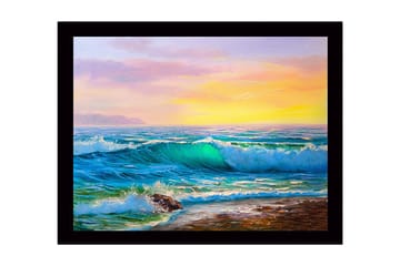 Innrammet trelerretsbilde - 41x56 cm - Storslått havutsikt med bølger som bryter mot kysten - Turkis / Blå / Oransje - Interiør - Maleri & posters - Lerretsbilder