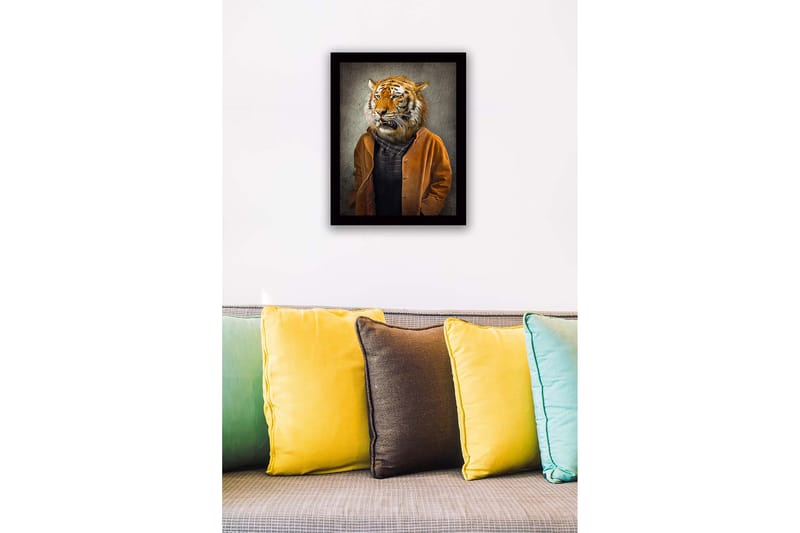 Innrammet trelerretsbilde - 41x56 cm - Tigerhode på en menneskekropp iført en brun jakke - Oransje / Brun / Svart - Interiør - Maleri & posters - Lerretsbilder