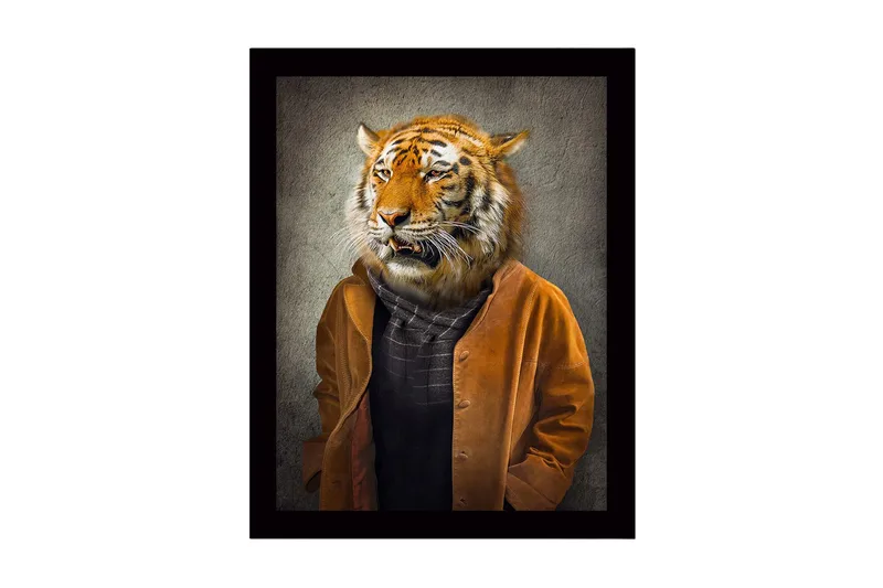 Innrammet trelerretsbilde - 41x56 cm - Tigerhode på en menneskekropp iført en brun jakke, Oransje / Brun / Svart