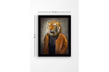 Innrammet trelerretsbilde - 41x56 cm - Tigerhode på en menneskekropp iført en brun jakke - Oransje / Brun / Svart - Interiør - Maleri & posters - Lerretsbilder