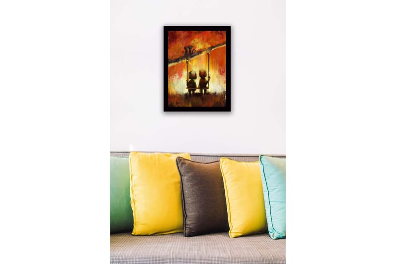 Innrammet trelerretsbilde - 41x56 cm - To barn som svinger sammen under en fargerik himmel - Rød / Oransje / Svart - Interiør - Maleri & posters - Lerretsbilder