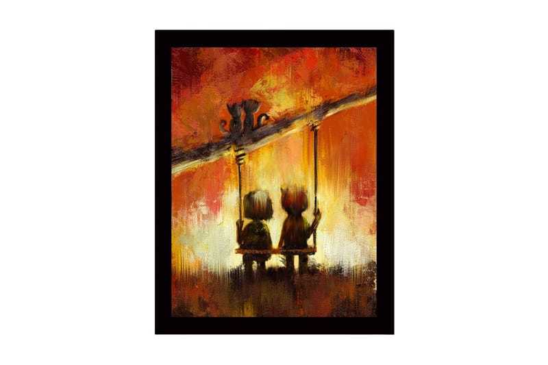 Innrammet trelerretsbilde - 41x56 cm - To barn som svinger sammen under en fargerik himmel, Rød / Oransje / Svart