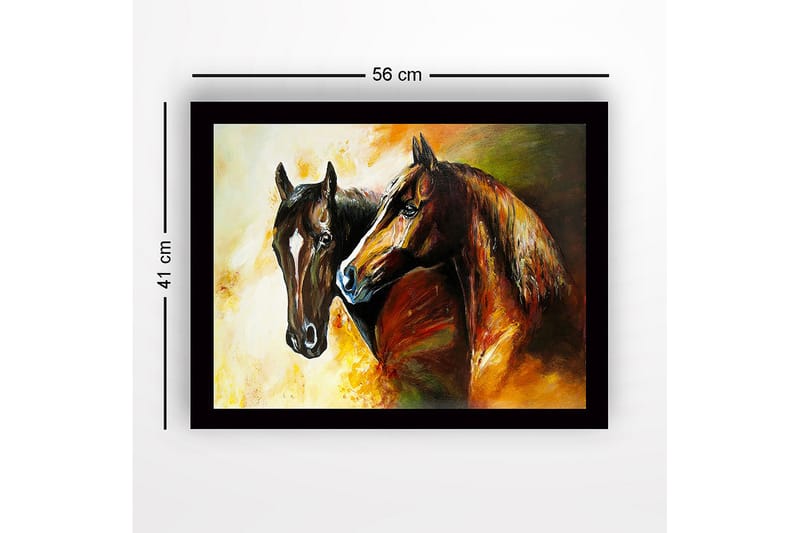 Innrammet trelerretsbilde - 41x56 cm - To majestetiske hester som står tett inntil hverandre - Brun / Svart / Oransje - Interiør - Maleri & posters - Lerretsbilder