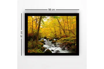 Innrammet trelerretsbilde - 41x56 cm - Vakker skog med en klukkende bekk omgitt av gyldne høstløv - Gul / Grønn / Brun - Interiør - Maleri & posters - Lerretsbilder