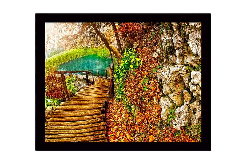 Innrammet trelerretsbilde - 41x56 cm - Vakker skogssti ved en klar innsjø omgitt av høstfarger, Grønn / Oransje / Brun