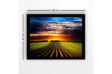 Innrammet trelerretsbilde - 41x56 cm - Vakker solnedgang over et bølgende jorde med pløyde rader - Grønn / Oransje / Blå - Interiør - Maleri & posters - Lerretsbilder