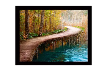 Innrammet trelerretsbilde - 41x56 cm - Vakker trebro som slynger seg gjennom en høstskog - Grønn / Oransje / Blå - Interiør - Maleri & posters - Lerretsbilder