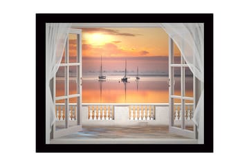 Innrammet trelerretsbilde - 41x56 cm - Vakker utsikt over seilbåter ved solnedgang gjennom et åpent vindu - Oransje / Rosa / Blå - Interiør - Maleri & posters - Lerretsbilder
