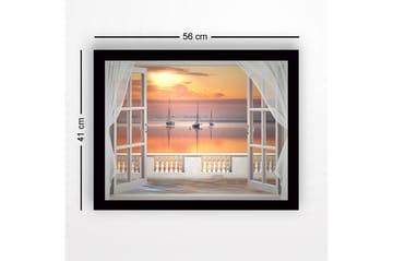 Innrammet trelerretsbilde - 41x56 cm - Vakker utsikt over seilbåter ved solnedgang gjennom et åpent vindu - Oransje / Rosa / Blå - Interiør - Maleri & posters - Lerretsbilder
