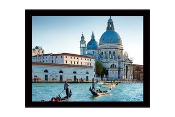 Innrammet trelerretsbilde - 41x56 cm - Vakker utsikt over venetianske gondoler i en historisk bygning - Blå / Hvit / Grå - Interiør - Maleri & posters - Lerretsbilder