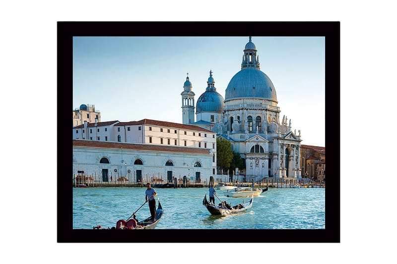 Innrammet trelerretsbilde - 41x56 cm - Vakker utsikt over venetianske gondoler i en historisk bygning, Blå / Hvit / Grå