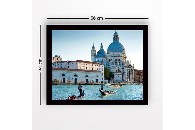Innrammet trelerretsbilde - 41x56 cm - Vakker utsikt over venetianske gondoler i en historisk bygning - Blå / Hvit / Grå - Interiør - Maleri & posters - Lerretsbilder
