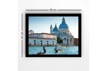 Innrammet trelerretsbilde - 41x56 cm - Vakker utsikt over venetianske gondoler i en historisk bygning - Blå / Hvit / Grå - Interiør - Maleri & posters - Lerretsbilder