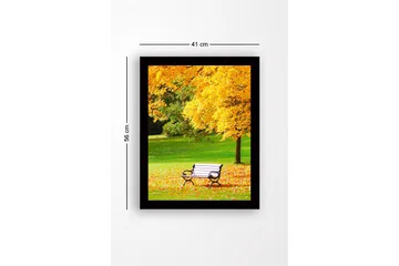 Innrammet trelerretsbilde - 41x56 cm - Vakker parkbenk omgitt av gyldne høstblader - Gull / Grønn / Svart - Interiør - Maleri & posters - Lerretsbilder
