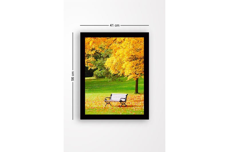 Innrammet trelerretsbilde - 41x56 cm - Vakker parkbenk omgitt av gyldne høstblader - Gull / Grønn / Svart - Interiør - Maleri & posters - Lerretsbilder