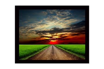 Innrammet trelerretsbilde - 41x56 cm - Vakkert landskap med en vei som fører mot en solnedgang - Grønn / Oransje / Blå - Interiør - Maleri & posters - Lerretsbilder