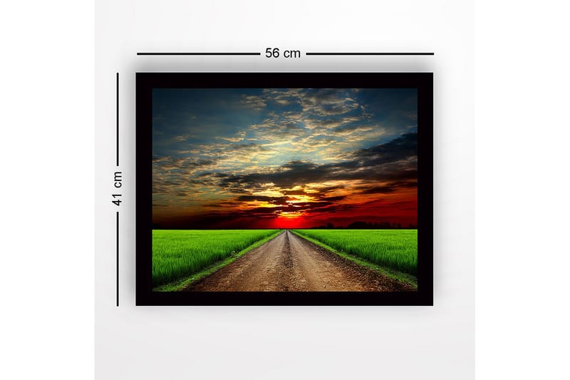 Innrammet trelerretsbilde - 41x56 cm - Vakkert landskap med en vei som fører mot en solnedgang - Grønn / Oransje / Blå - Interiør - Maleri & posters - Lerretsbilder