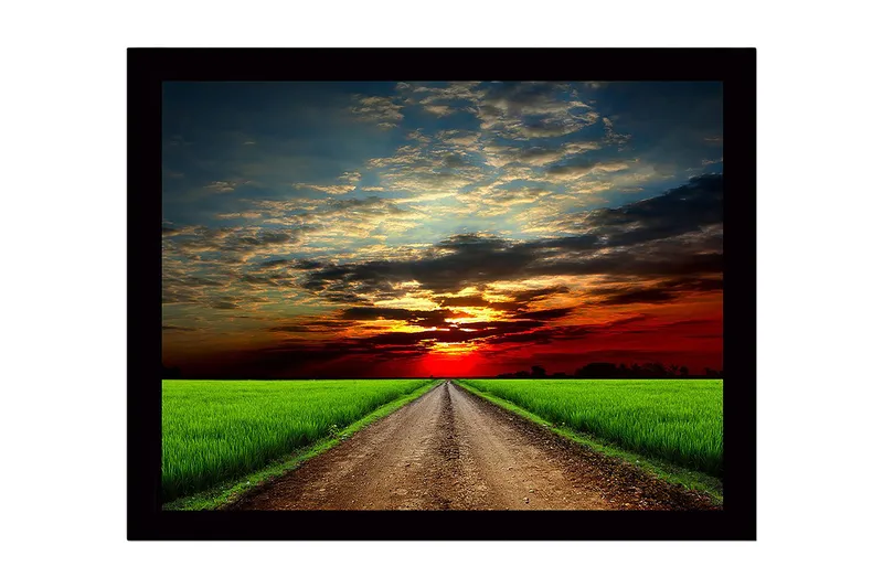 Innrammet trelerretsbilde - 41x56 cm - Vakkert landskap med en vei som fører mot en solnedgang, Grønn / Oransje / Blå