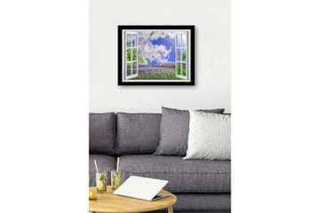 Innrammet trelerretsbilde - 41x56 cm - Vindusutsikt over en blomstrende eng med sommerfugler og en regnbue - Lilla / Grønn / Blå - Interiør - Maleri & posters - Lerretsbilder
