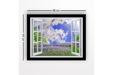 Innrammet trelerretsbilde - 41x56 cm - Vindusutsikt over en blomstrende eng med sommerfugler og en regnbue - Lilla / Grønn / Blå - Interiør - Maleri & posters - Lerretsbilder