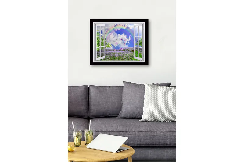 Innrammet trelerretsbilde - 41x56 cm - Vindusutsikt over en blomstrende eng med sommerfugler og en regnbue - Lilla / Grønn / Blå - Interiør - Maleri & posters - Lerretsbilder