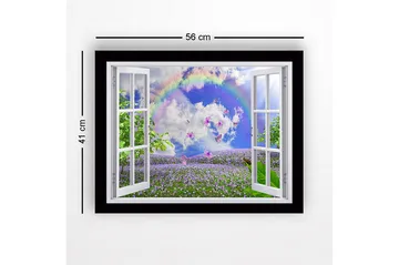 Innrammet trelerretsbilde - 41x56 cm - Vindusutsikt over en blomstrende eng med sommerfugler og en regnbue - Lilla / Grønn / Blå - Interiør - Maleri & posters - Lerretsbilder