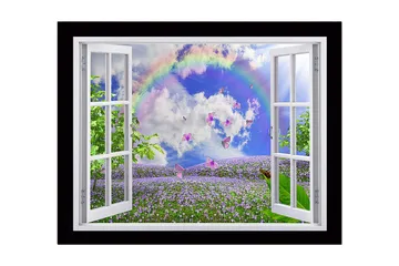 Innrammet trelerretsbilde - 41x56 cm - Vindusutsikt over en blomstrende eng med sommerfugler og en regnbue - Lilla / Grønn / Blå - Interiør - Maleri & posters - Lerretsbilder