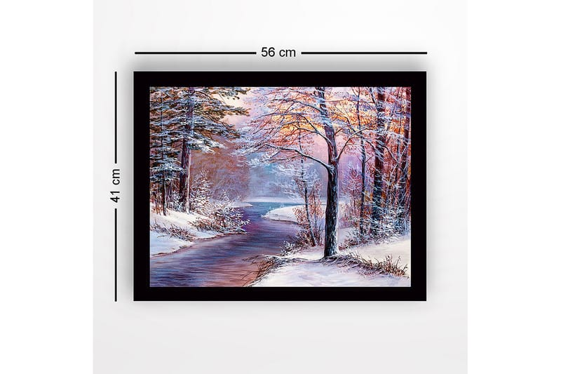 Innrammet trelerretsbilde - 41x56 cm - Vinterlandskap med en fredelig elv og snødekte trær - Blå / Hvit / Rosa - Interiør - Maleri & posters - Lerretsbilder