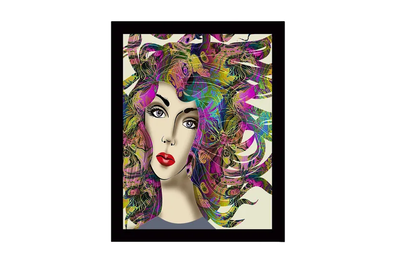 Innrammet trelerretsbilde - 41x56 cm - Portrett av en kvinne med fargerikt, flagrende hår, Lilla / Grønn / Rosa