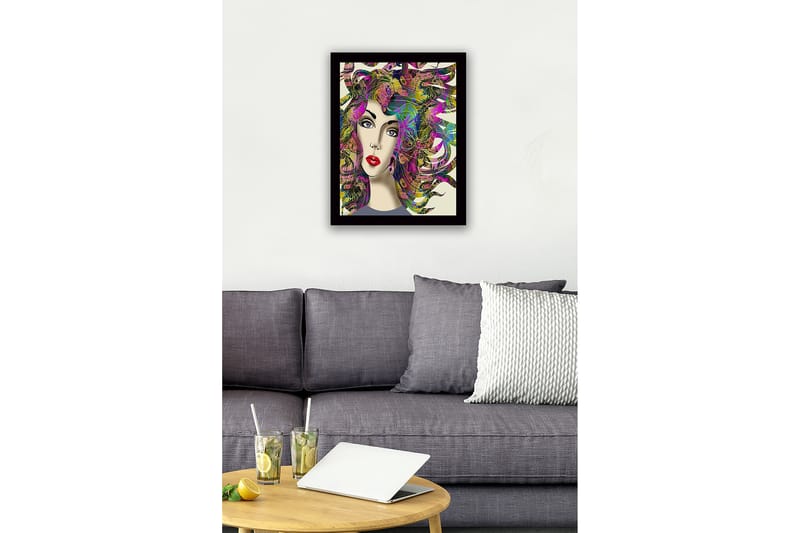 Innrammet trelerretsbilde - 41x56 cm - Portrett av en kvinne med fargerikt, flagrende hår - Lilla / Grønn / Rosa - Interiør - Maleri & posters - Lerretsbilder