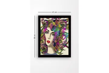 Innrammet trelerretsbilde - 41x56 cm - Portrett av en kvinne med fargerikt, flagrende hår - Lilla / Grønn / Rosa - Interiør - Maleri & posters - Lerretsbilder