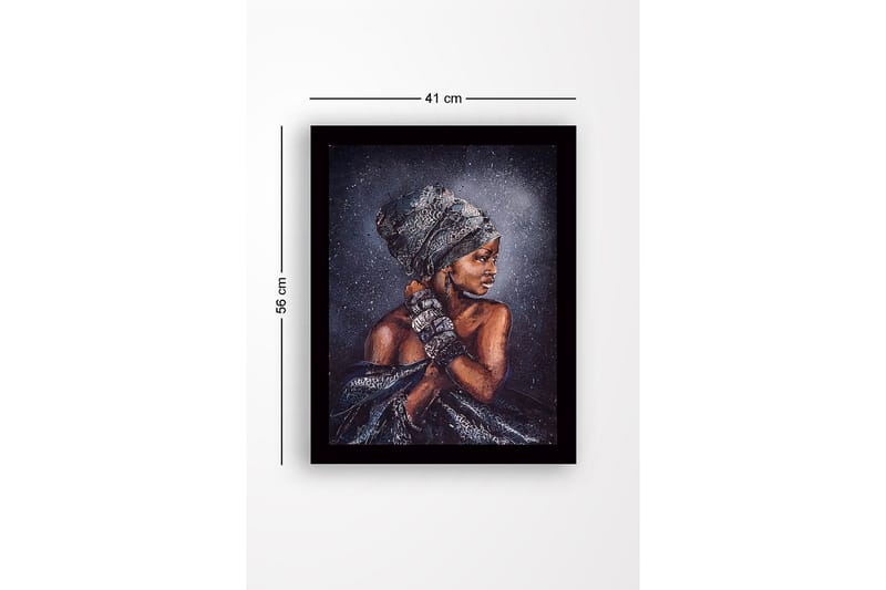 Innrammet trelerretsbilde - 41x56 cm - Portrett av en kvinne med tradisjonelt hodeskjerf og smykker - Mørk brun / Grå / Svart - Interiør - Maleri & posters - Lerretsbilder