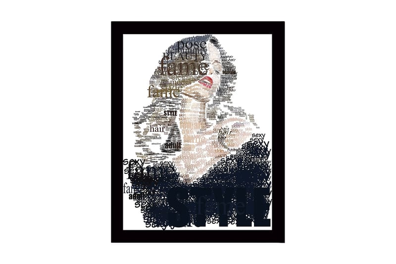 Innrammet trelerretsbilde - 41x56 cm - Portrett av en kvinne omgitt av ord som beskriver skjønnhet og stil, Svart / Beige / Brun