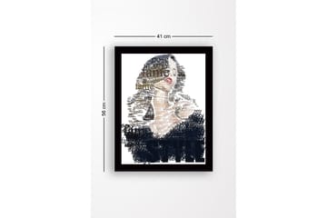 Innrammet trelerretsbilde - 41x56 cm - Portrett av en kvinne omgitt av ord som beskriver skjønnhet og stil - Svart / Beige / Brun - Interiør - Maleri & posters - Lerretsbilder
