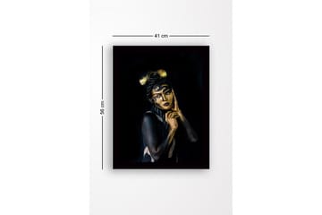 Innrammet trelerretsbilde - 41x56 cm - Portrett av en kvinne med detaljert ansiktsmaling og elegant frisyre - Svart / Gull / Beige - Interiør - Maleri & posters - Lerretsbilder