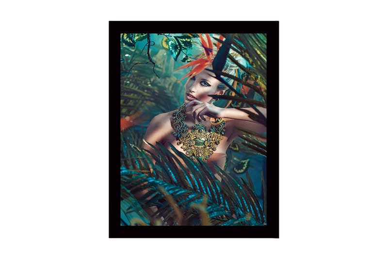 Innrammet trelerretsbilde - 41x56 cm - Portrett av en kvinne omgitt av tropiske planter med et detaljert halskjede, Turkis / Grønn / Oransje