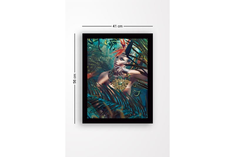 Innrammet trelerretsbilde - 41x56 cm - Portrett av en kvinne omgitt av tropiske planter med et detaljert halskjede - Turkis / Grønn / Oransje - Interiør - Maleri & posters - Lerretsbilder