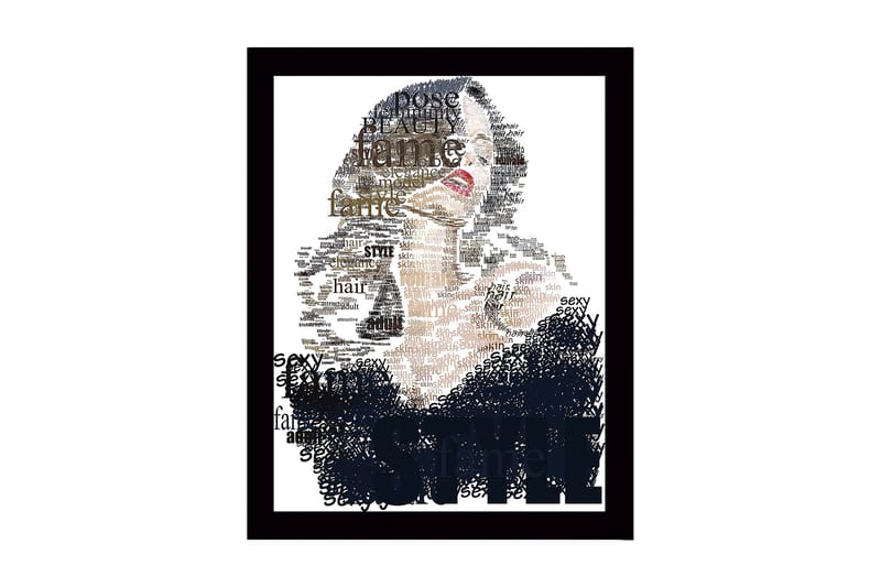 Innrammet trelerretsbilde - 41x56 cm - Portrett av en kvinne omgitt av ord som beskriver skjønnhet og stil, Svart / Beige / Brun
