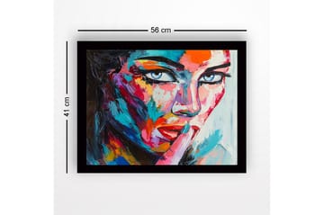 Innrammet trelerretsbilde - 41x56 cm - Portrett av en kvinne med en mystisk gest - Blå / Rød / Rosa - Interiør - Maleri & posters - Lerretsbilder