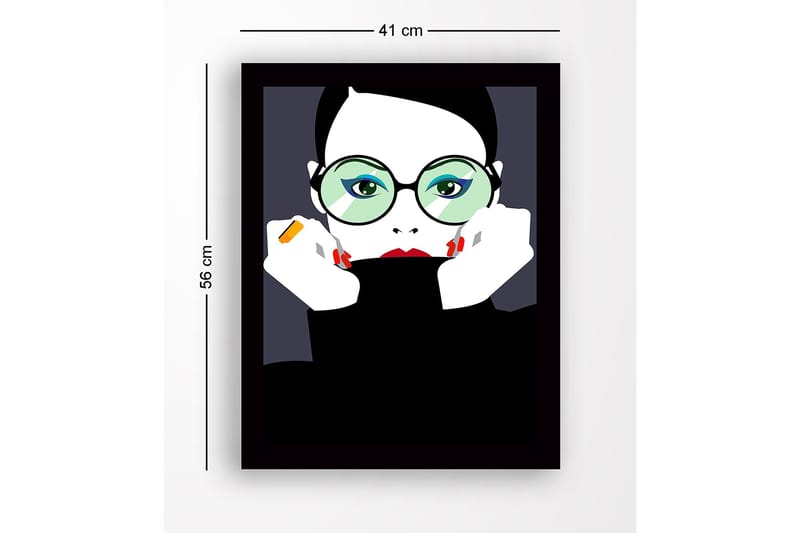 Innrammet trelerretsbilde - 41x56 cm - Portrett av en kvinne med store briller og rød leppestift - Svart / Hvit / Grønn - Interiør - Maleri & posters - Lerretsbilder