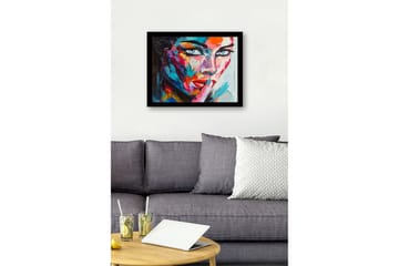 Innrammet trelerretsbilde - 41x56 cm - Portrett av en kvinne med en mystisk gest - Blå / Rød / Rosa - Interiør - Maleri & posters - Lerretsbilder